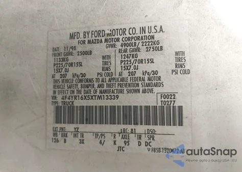 1999 Mazda B4000 Se z USA, uszkodzony, nr VIN 4F4YR16X5XTM13339